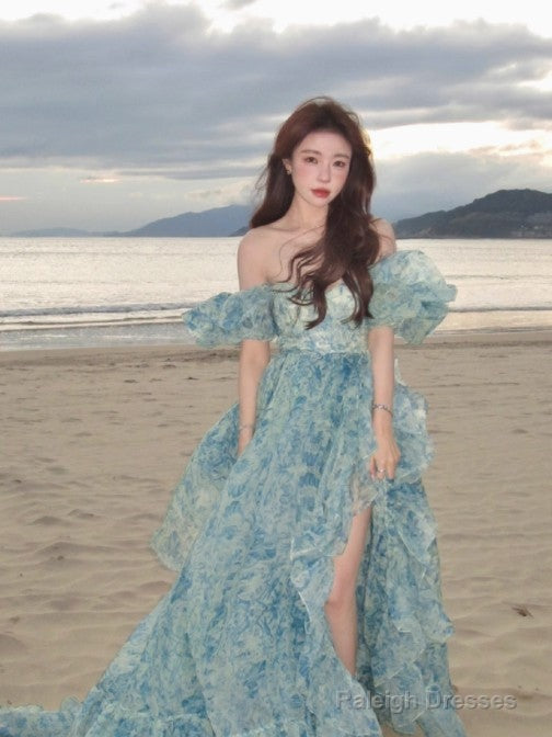 Sweet A-Line Off-Shoulder Organza Print Prom Dresses Long Birthday Adult Ceremony Dresses