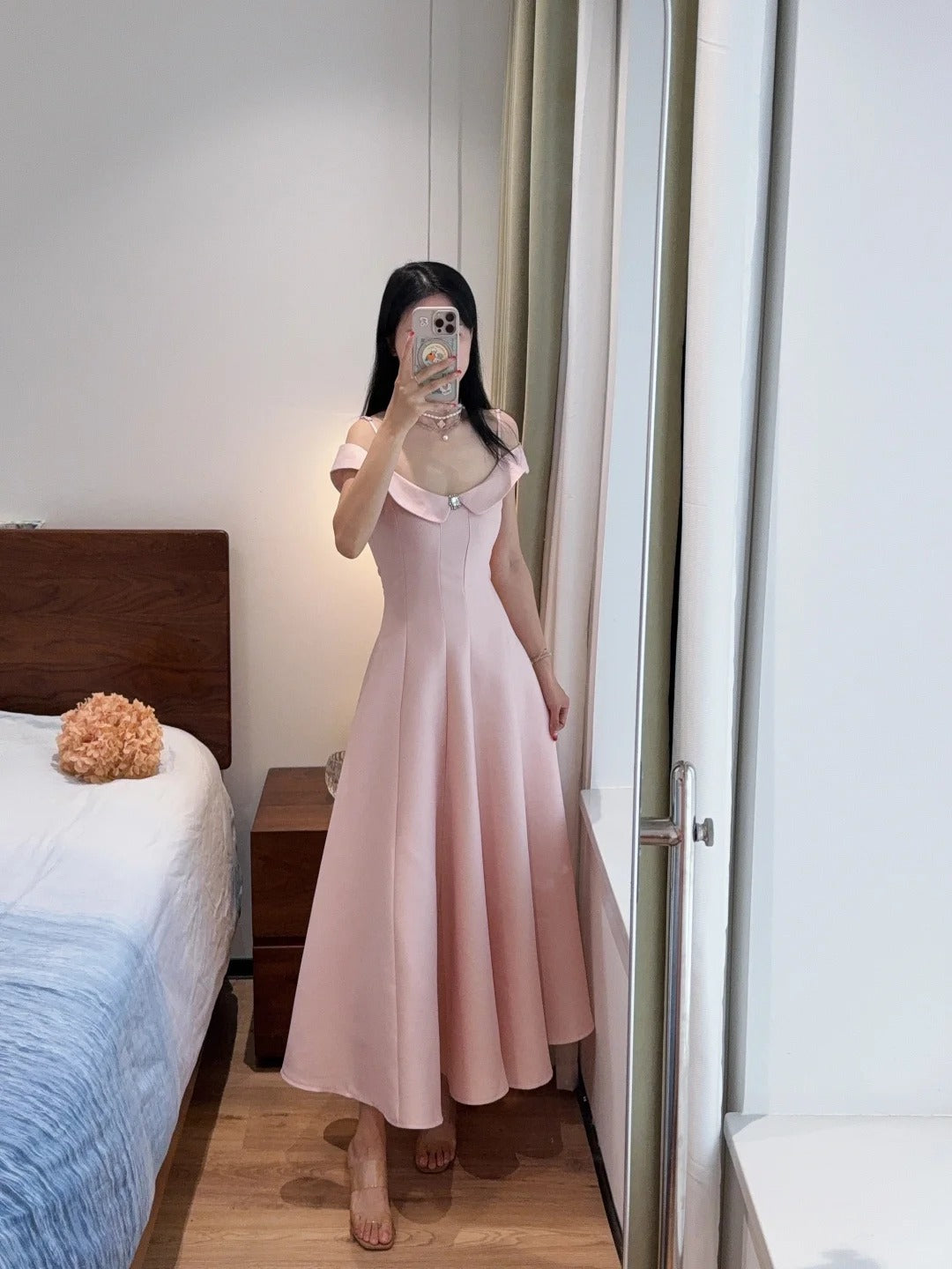 Sweet And Elegant Pink A-Line Off-Shoulder Satin Formal Prom Dress