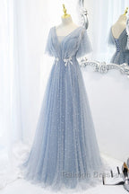 Sweet And Elegant Sky Blue Beaded Short Sleeved Sheer Ball Dresses With Sky Blue A-Shaped Backless Strap And Ground Length Prom Dresses