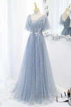 Sweet And Elegant Sky Blue Beaded Short Sleeved Sheer Ball Dress With Sky Blue A-Shaped Backless Strap And Ground Length Prom Dress