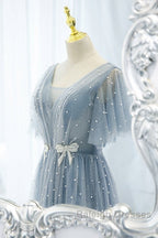 Sweet And Elegant Sky Blue Beaded Short Sleeved Sheer Ball Dress With Sky Blue A-Shaped Backless Strap And Ground Length Prom Dress