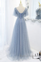 Sweet And Elegant Sky Blue Beaded Short Sleeved Sheer Ball Dresses With Sky Blue A-Shaped Backless Strap And Ground Length Prom Dresses
