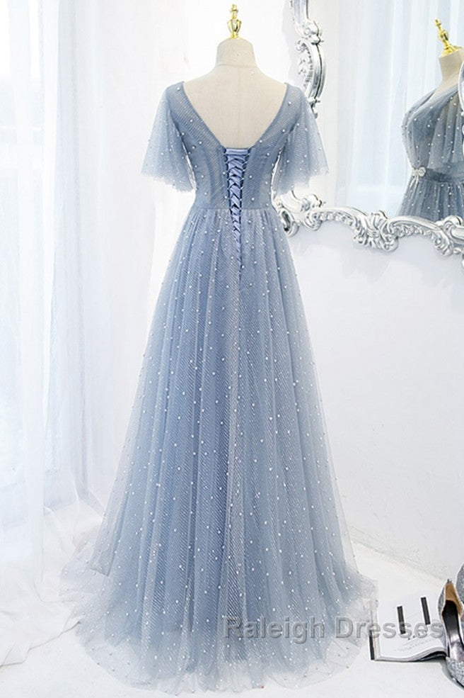 Sweet And Elegant Sky Blue Beaded Short Sleeved Sheer Ball Dresses With Sky Blue A-Shaped Backless Strap And Ground Length Prom Dresses