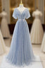 Sweet And Elegant Sky Blue Beaded Short Sleeved Sheer Ball Dresses With Sky Blue A-Shaped Backless Strap And Ground Length Prom Dresses