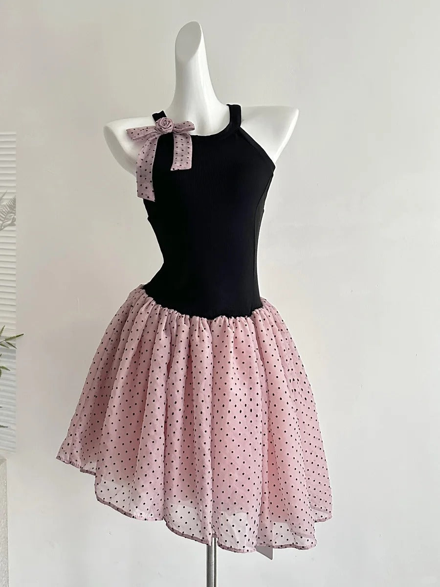 Sweet Black And Pink Polka Dot Halter Neck Chiffon Short Birthday Prom Homecoming Dress