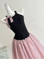 Sweet Black And Pink Polka Dot Halter Neck Chiffon Short Birthday Prom Homecoming Dress