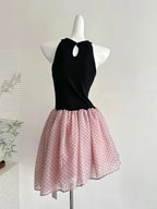 Sweet Black And Pink Polka Dot Halter Neck Chiffon Short Birthday Prom Homecoming Dress