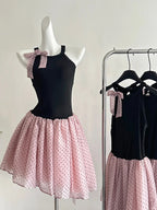 Sweet Black And Pink Polka Dot Halter Neck Chiffon Short Birthday Prom Homecoming Dress