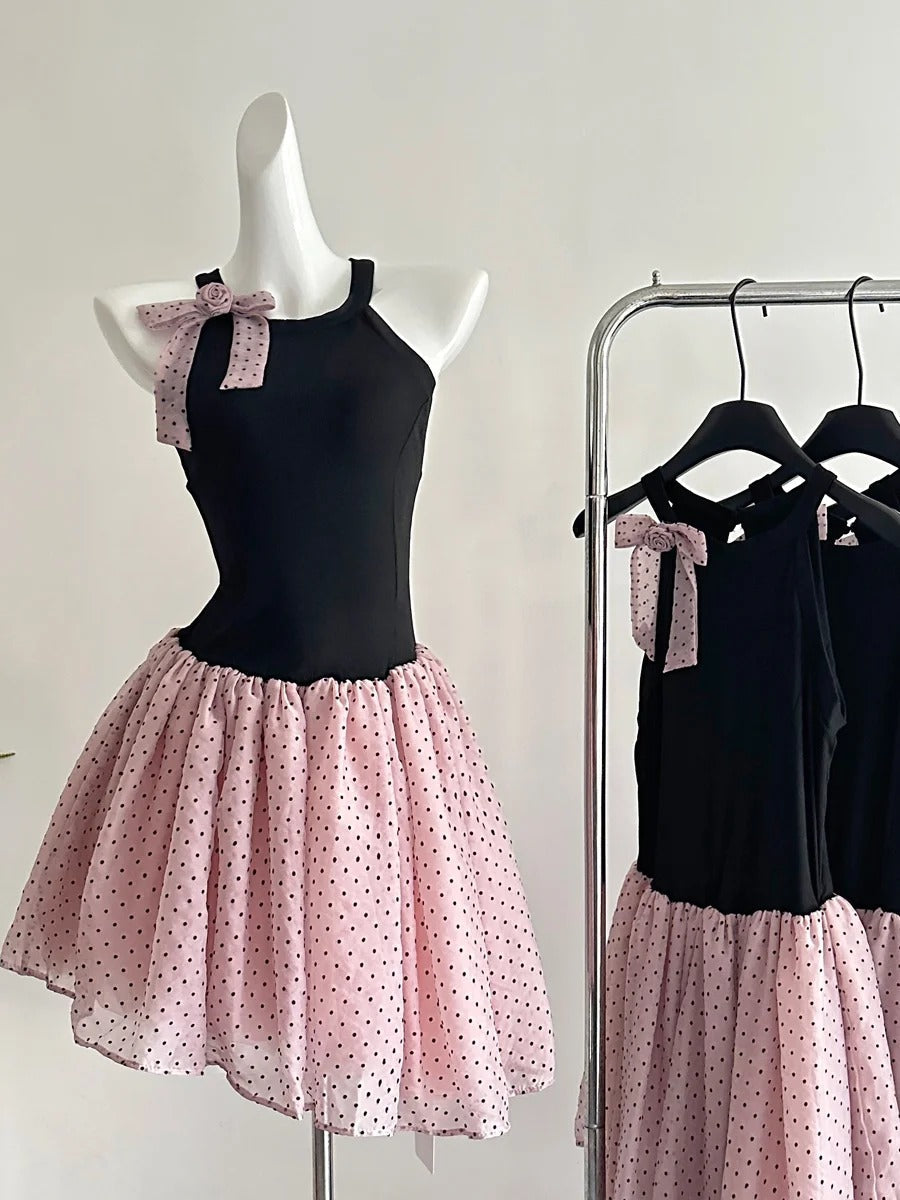 Sweet Black And Pink Polka Dot Halter Neck Chiffon Short Birthday Prom Homecoming Dress