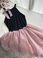 Sweet Black And Pink Polka Dot Halter Neck Chiffon Short Birthday Prom Homecoming Dress