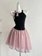 Sweet Black And Pink Polka Dot Halter Neck Chiffon Short Birthday Prom Homecoming Dress