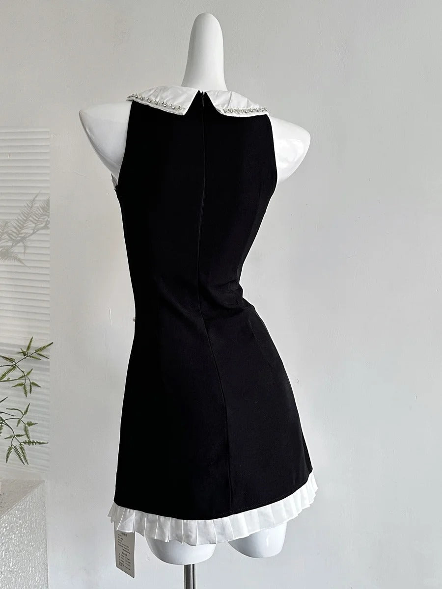 Sweet Black Baby Doll Collar Pearl Satin A-Line 17Th Birthday Homecoming Dress