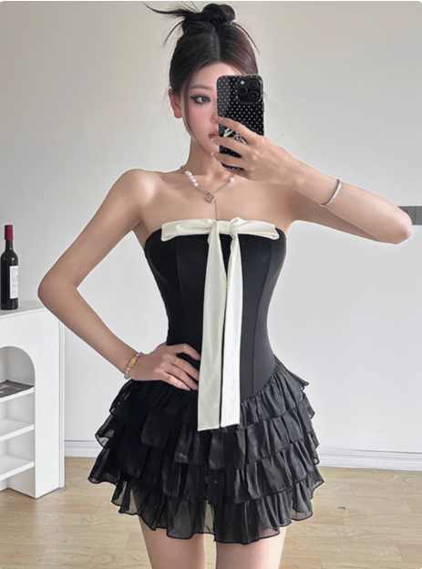 Sweet Black Tube Top Bowknot Herringbone Cake Skirt Homecoming Dress Secondary image