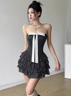 Sweet Black Tube Top Bowknot Herringbone Cake Skirt Homecoming Dress