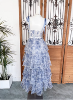 Sweet Blue And White Floral Printed Bow Ribbon Multi-Layered Tiered Chiffon Long Formal Prom Dress