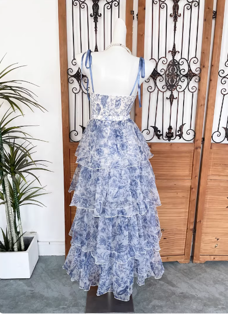 Sweet Blue And White Floral Printed Bow Ribbon Multi-Layered Tiered Chiffon Long Formal Prom Dress