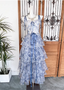 Sweet Blue And White Floral Printed Bow Ribbon Multi-Layered Tiered Chiffon Long Formal Prom Dress