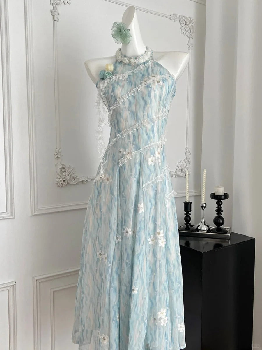 Sweet Blue And White Gradient A-Line Halter Neck Chiffon Long Formal Prom Dress Secondary image