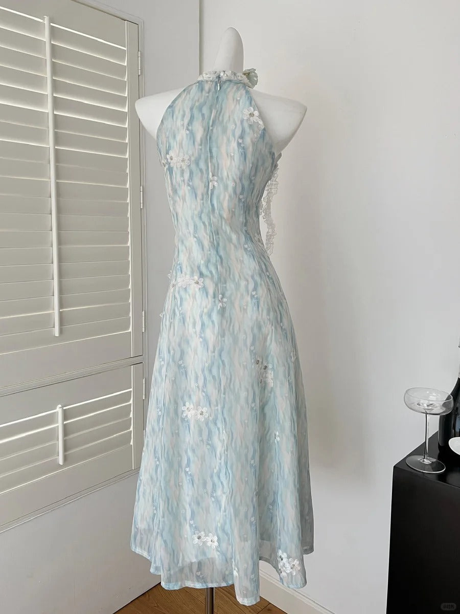 Sweet Blue And White Gradient A-Line Halter Neck Chiffon Long Formal Prom Dress