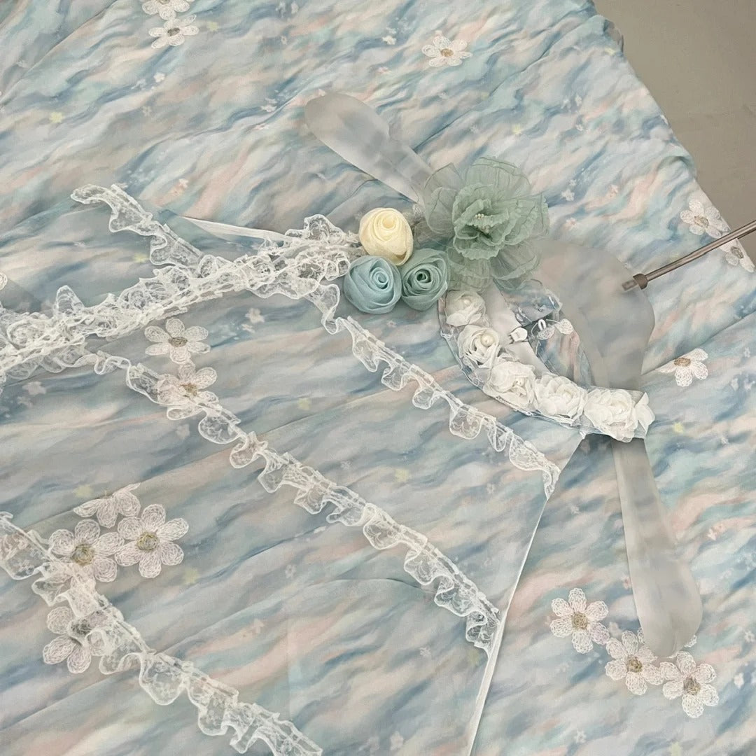 Sweet Blue And White Gradient A-Line Halter Neck Chiffon Long Formal Prom Dress