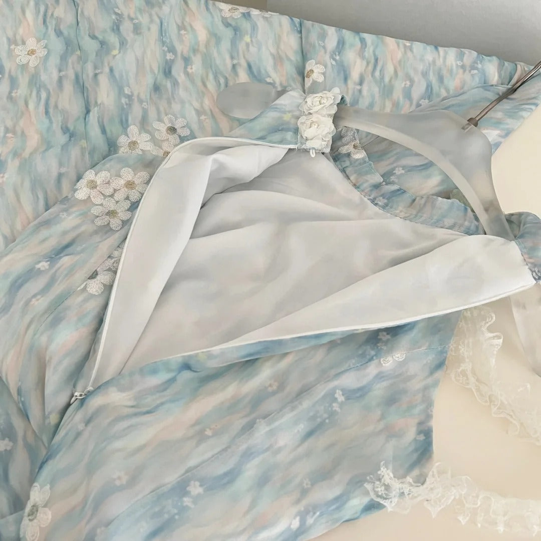 Sweet Blue And White Gradient A-Line Halter Neck Chiffon Long Formal Prom Dress