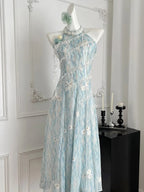 Sweet Blue And White Gradient A-Line Halter Neck Chiffon Long Formal Prom Dress