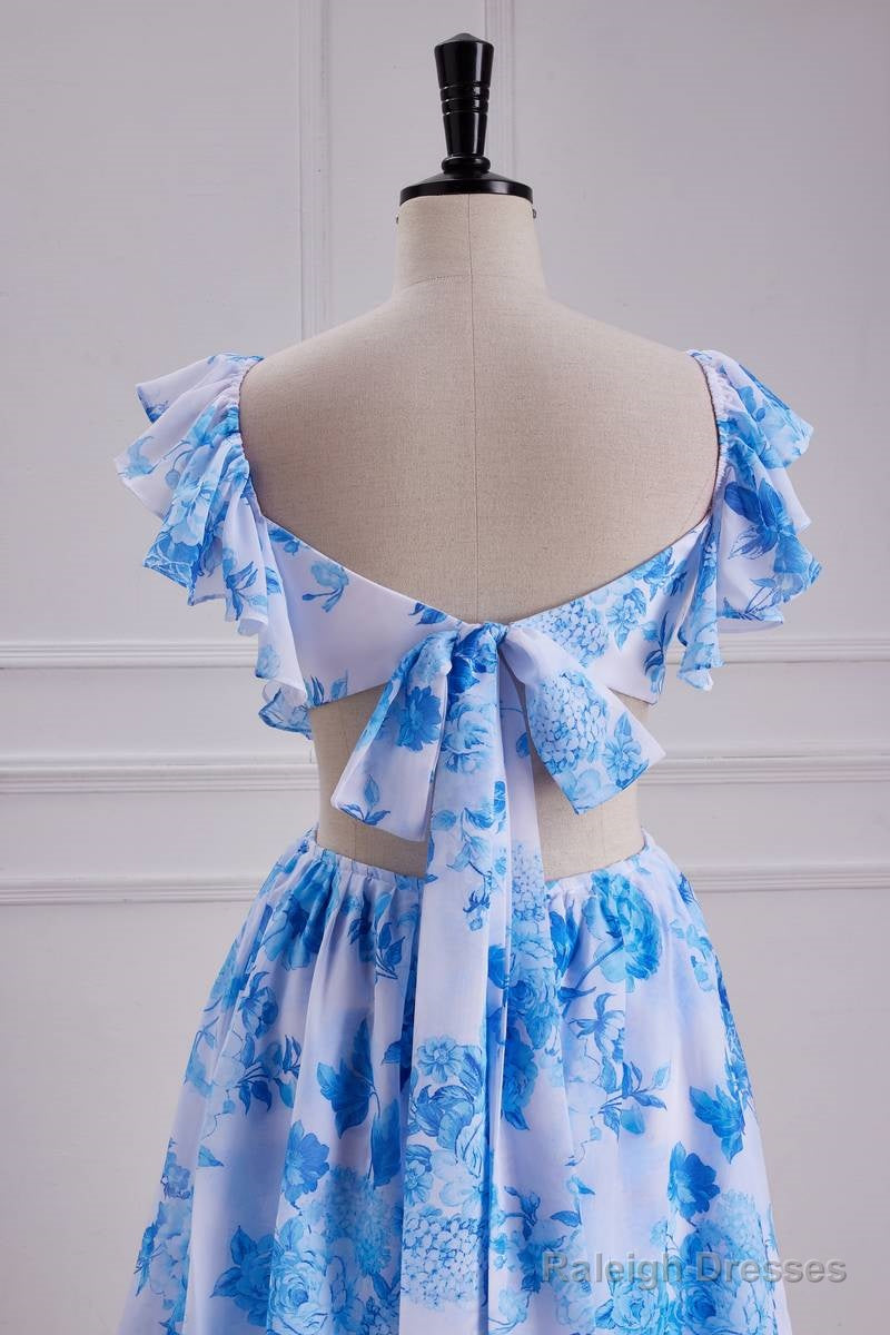 Sweet Blue Floral Print A Line Backless Ruffles Prom Dress