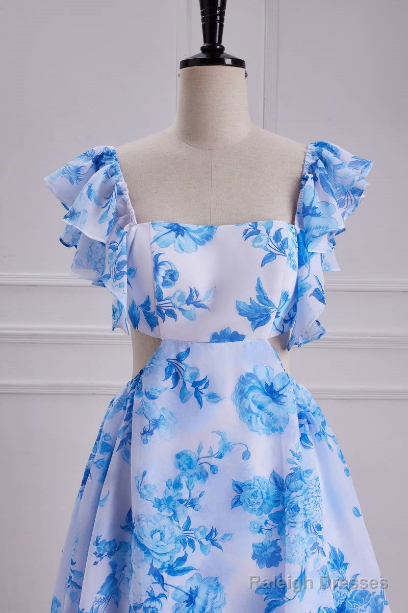 Sweet Blue Floral Print A Line Backless Ruffles Prom Dress