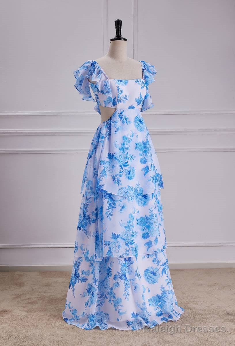 Sweet Blue Floral Print A Line Backless Ruffles Prom Dress