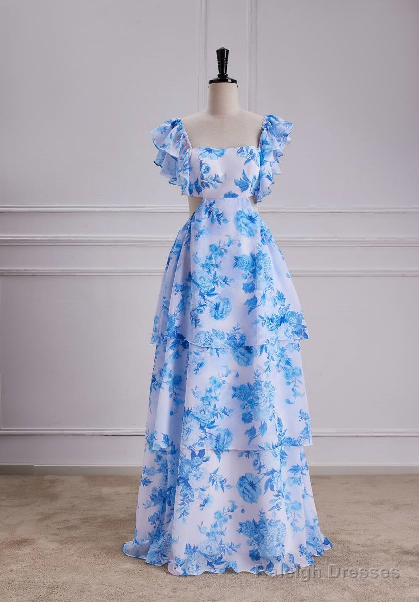 Sweet Blue Floral Print A Line Backless Ruffles Prom Dress Main image