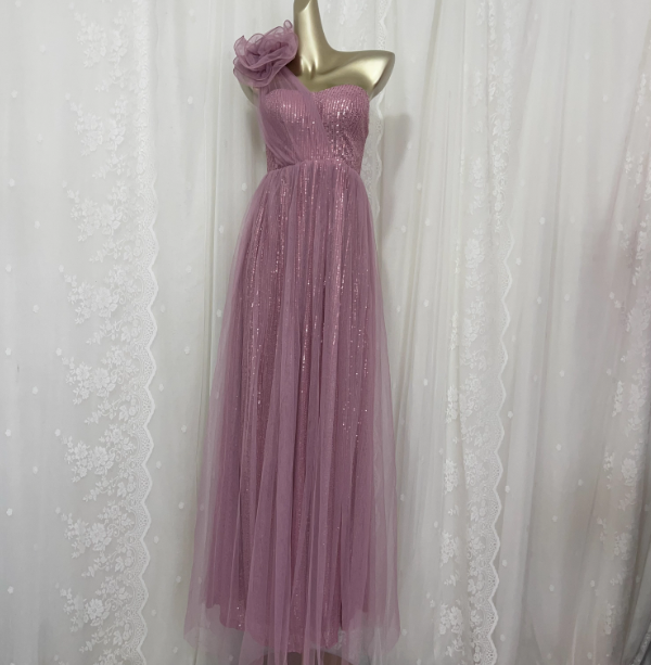 Sweet Blush Purple A-Line One-Shoulder 3D Floral Sequin Tulle Long Formal Prom Dress Secondary image