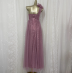 Sweet Blush Purple A-Line One-Shoulder 3D Floral Sequin Tulle Long Formal Prom Dress