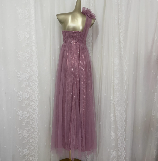 Sweet Blush Purple A-Line One-Shoulder 3D Floral Sequin Tulle Long Formal Prom Dress