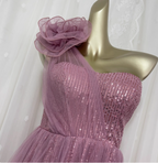 Sweet Blush Purple A-Line One-Shoulder 3D Floral Sequin Tulle Long Formal Prom Dress