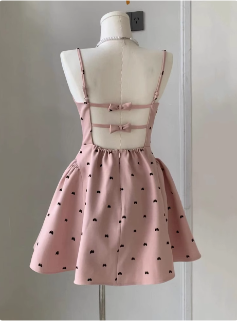 Sweet Bow Backless Pink Sling Puffy Birthday Dress Homecoming Dress