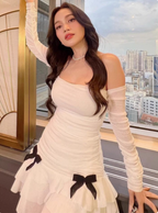 Sweet Bow Pleated Mesh Ruffle Hip Birthday Skirt Homecoming Dress