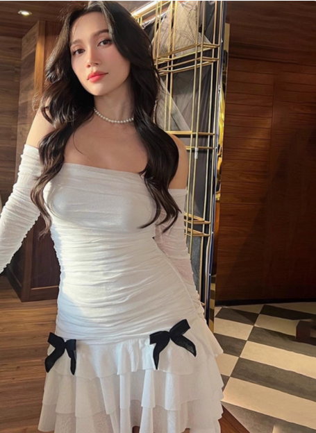 Sweet Bow Pleated Mesh Ruffle Hip Birthday Skirt Homecoming Dress