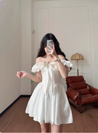 Sweet Bow Shoulder Lace A-Line Birthday Short Skirt Homecoming Dress