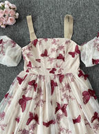 Sweet Butterfly Printed Strap Puff Sleeve Midi-Length Tulle Formal Prom Dress