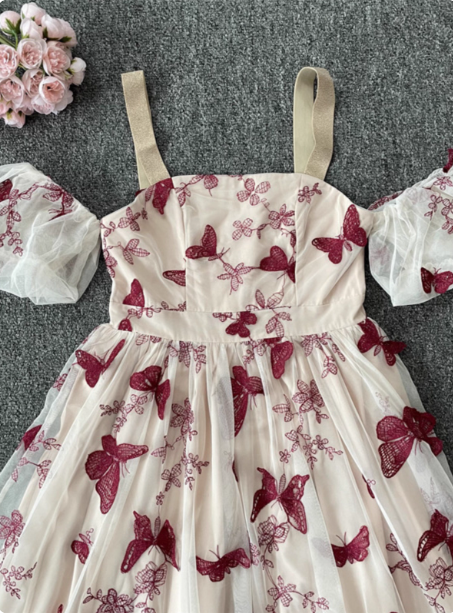 Sweet Butterfly Printed Strap Puff Sleeve Midi-Length Tulle Formal Prom Dress