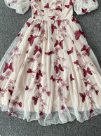 Sweet Butterfly Printed Strap Puff Sleeve Midi-Length Tulle Formal Prom Dress