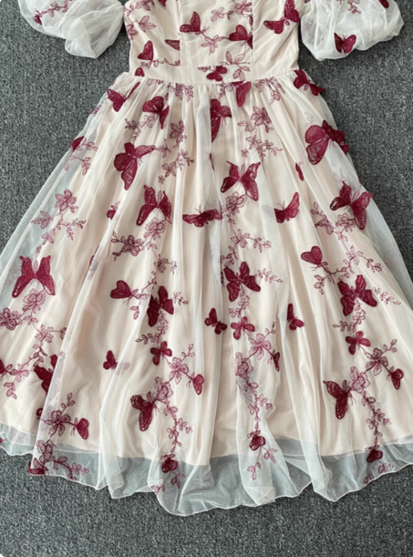 Sweet Butterfly Printed Strap Puff Sleeve Midi-Length Tulle Formal Prom Dress