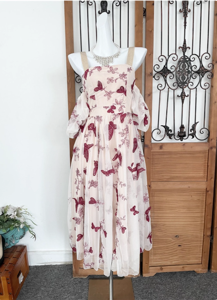 Sweet Butterfly Printed Strap Puff Sleeve Midi-Length Tulle Formal Prom Dress Main image