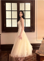 Sweet Cream Apricot A-Line Spaghetti Strap Lace Tulle Long Formal Prom Dress