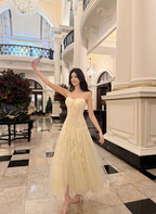 Sweet Cream Apricot A-Line Spaghetti Strap Lace Tulle Long Formal Prom Dress