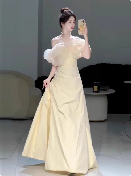 Sweet Cream Yellow A-Line Off-The-Shoulder Bow-Embellished High-Slit Satin Long Formal Prom Dress Secondary image