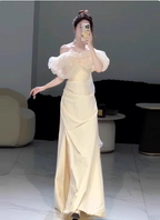 Sweet Cream Yellow A-Line Off-The-Shoulder Bow-Embellished High-Slit Satin Long Formal Prom Dress