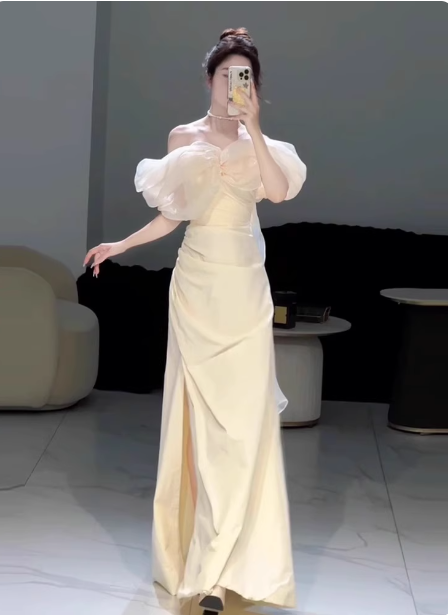 Sweet Cream Yellow A-Line Off-The-Shoulder Bow-Embellished High-Slit Satin Long Formal Prom Dress