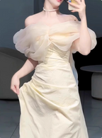 Sweet Cream Yellow A-Line Off-The-Shoulder Bow-Embellished High-Slit Satin Long Formal Prom Dress