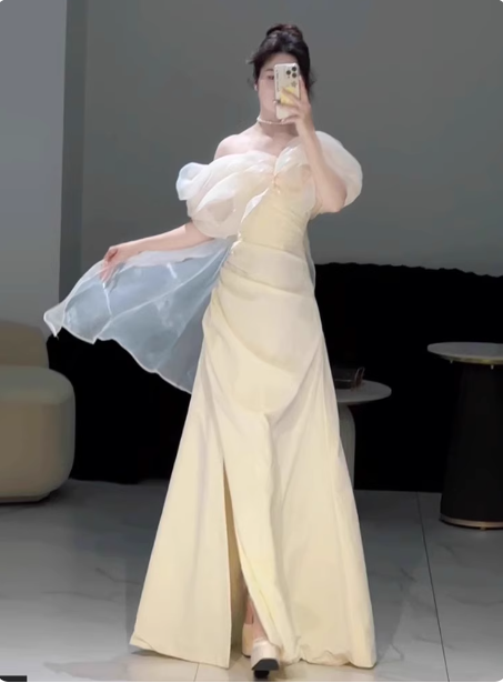 Sweet Cream Yellow A-Line Off-The-Shoulder Bow-Embellished High-Slit Satin Long Formal Prom Dress